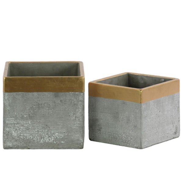 Urban Trends Collection Cement Square Flower Pot with Gold Painted Banded Rim Top Gray Set of 2 45608